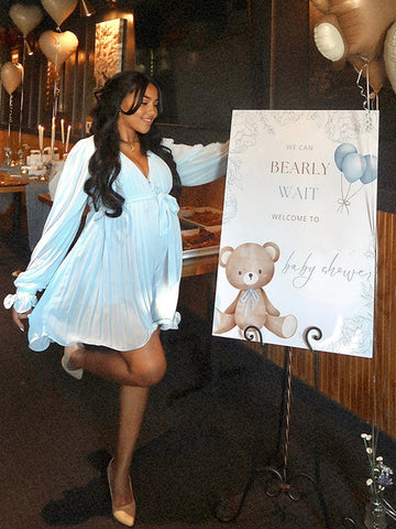 Blue Pleated Belt Single Breasted Elegant Maternity Baby Shower Short Jumpsuit Maternity